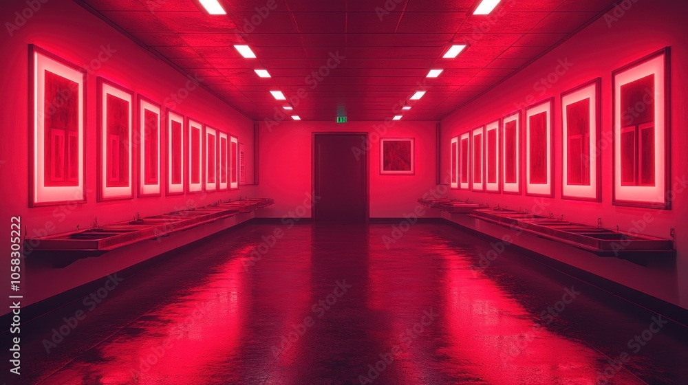 Poster red corridor with illuminated frames