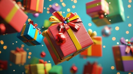 Colorful 3D Christmas Gifts Floating in the Air