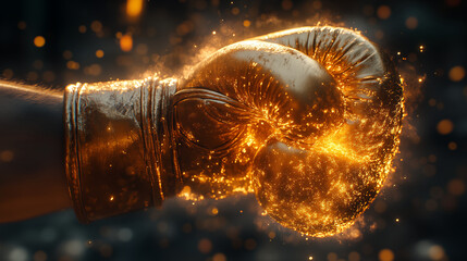 Boxing glove with golden sparks on dark background, macro photo