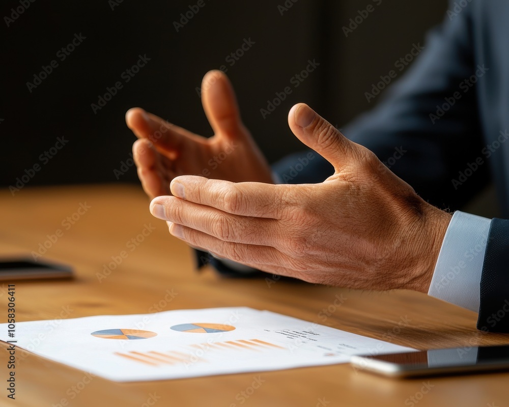 Poster a business professional gestures while discussing charts and data on a table, indicating a conversat