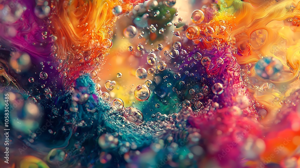 Poster a vibrant abstract image featuring colorful swirls and bubbles, creating a dynamic and energetic und