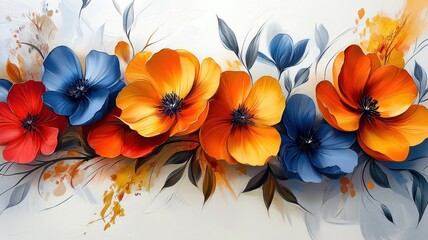 Vibrant floral arrangement with colorful flowers and leaves.