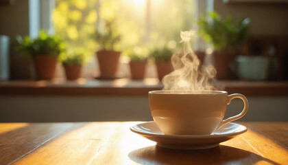 Steaming cup of tea on a wooden table with sunlight and green plants in the background