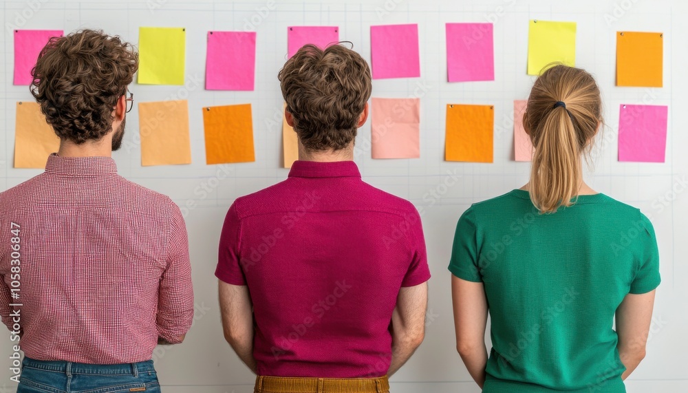 Poster three individuals observe colorful sticky notes on a wall, engaged in a collaborative or brainstormi