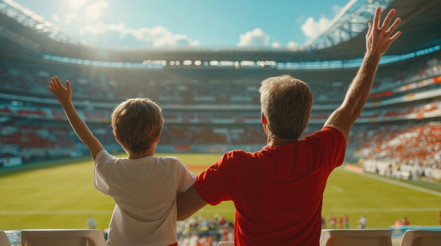 relationship and family concept picture of a father and his son as fan club cheer American football team at Gridiron stadium.	
