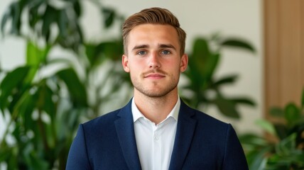 A well-dressed man stands in a green, plant-filled environment, exuding confidence and professionalism.