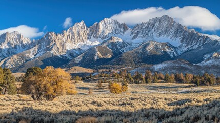 A panoramic view of snow-capped mountains with a field of autumn-colored trees in the foreground.