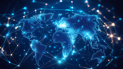 Fototapeta premium Glowing world map on blue background. Global network concept. 3D Rendering