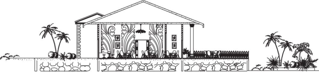 Vector sketch illustration of the silhouette design of a section of a house with a garden full of plants and shady trees