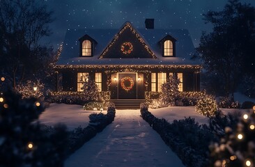 Fototapeta premium Stylish Christmas lights on the roof of your home, creating an enchanting and festive atmosphere for all to enjoy. A well-lit house with white LED Christmas light decoration
