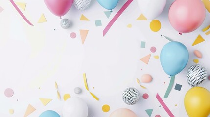 White background with colorful balloons floating creates a whimsical and enchanting scene. A delightful blend of purity and celebration, perfect for adding a touch of magic to any project