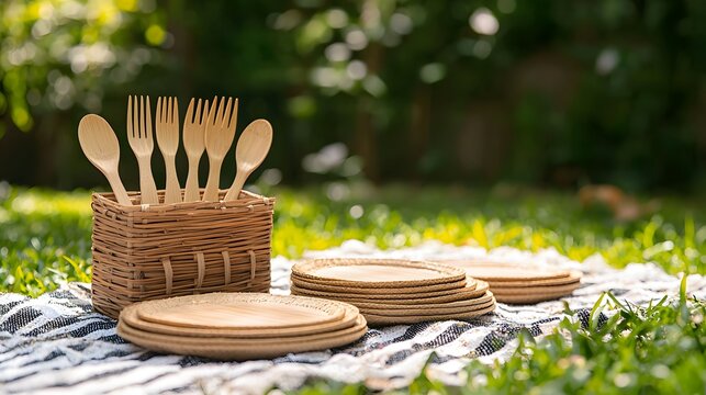 Biodegradable and Eco-Friendly Bamboo Utensils and Plates for Picnic