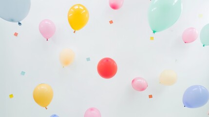 White background with colorful balloons floating creates a whimsical and enchanting scene. A delightful blend of purity and celebration, perfect for adding a touch of magic to any project