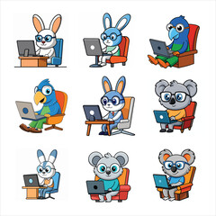 collection of cute animals at the computer vector artwork