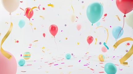 White background with colorful balloons floating creates a whimsical and enchanting scene. A delightful blend of purity and celebration, perfect for adding a touch of magic to any project