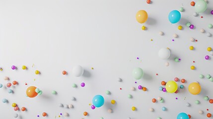 White background with colorful balloons floating creates a whimsical and enchanting scene. A delightful blend of purity and celebration, perfect for adding a touch of magic to any project
