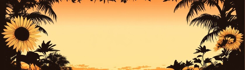 Obraz premium A serene sunset scene framed by sunflowers and palm leaves, evoking tranquility.