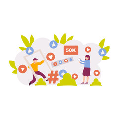 Two people using a phone with social media icons and a hashtag, set against green bushes. Suitable for technology concepts.