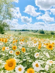 Obraz premium Vibrant Sunflower Field Under Blue Sky