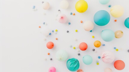 White background with colorful balloons floating creates a whimsical and enchanting scene. A delightful blend of purity and celebration, perfect for adding a touch of magic to any project