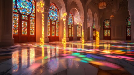 Obraz premium The interior of a mosque with soft, natural light streaming through