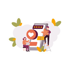 Romantic people using laptop and phone surrounded by stars, heart, ladder, leaves. Perfect for love, technology, communication concepts.