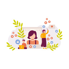 Two people interacting with social media, likes, and comments.