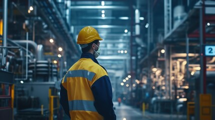 Worker in a factory following a step-by-step safety procedure