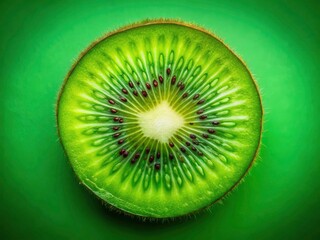 Aerial Close-Up of a Vibrant Kiwi Slice Against a Blurred Green Backdrop, Showcasing Intricate Textures and Bright Colors for Freshness and Vitality