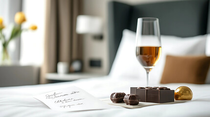 Wine glass and chocolate on the bed in a hotel room.