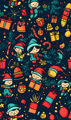 Seamless Pattern Whimsical Christmas and New Year Doodles  Featuring Festive Icons, Cozy Winter Scenes, and Seasonal Decorations in Vibrant Colors