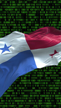Panama flag - 3D realistic waving flag on matrix digital background with binary code