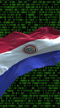 Paraguay flag - 3D realistic waving flag on matrix digital background with binary code