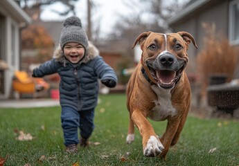 Happy Child and Dog Running in Backyard Together