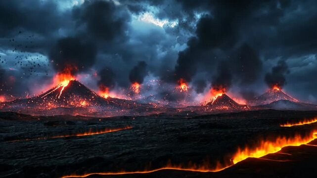 Volcanic eruptions in dark dramatic tone color, dark sky, lava