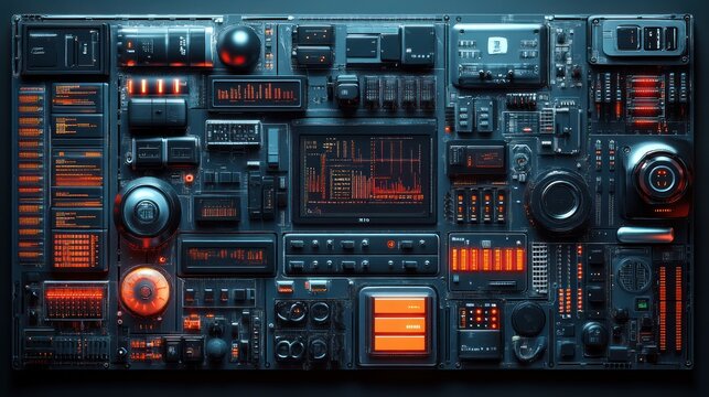 A high-tech control panel with glowing buttons and screens.