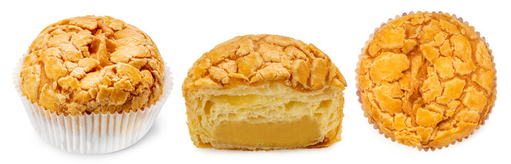 Soboro bread, or Soboro ppang Korean streusel bread on white background, Soboro bun Korean bakeries isolate on white with clippping path.