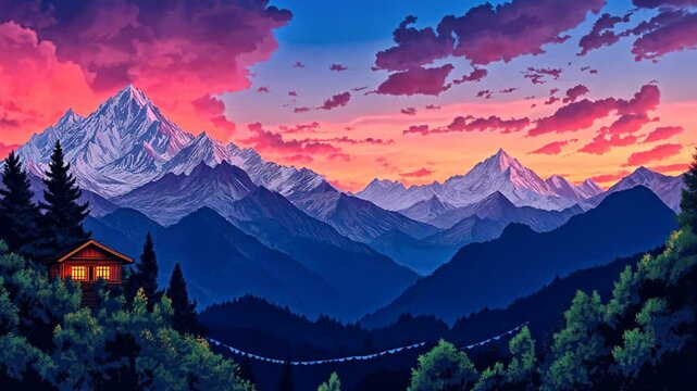 funk anime scenery, cozy wood cabin on forest hill with mountains ridge background