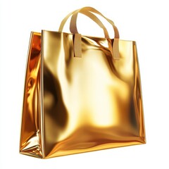 A shiny golden shopping bag with intricate handles, reflecting light and emphasizing luxury and elegance.