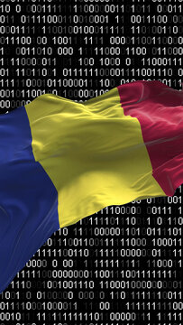 Romania flag - 3D realistic waving flag on matrix digital background with binary code