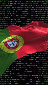 Portugal flag - 3D realistic waving flag on matrix digital background with binary code