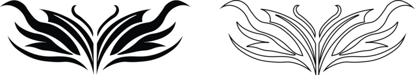 Tribal tattoo icons set. Silhouette flat and line black vector isolated on transparent background Neo tribal y2k aesthetic tattoo gothic cover, fire or wings abstract element collection. Divider body.