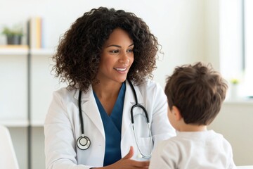 smiling female doctor interacts with young boy in bright clinic. doctor wears white coat and stethoscope, creating warm and caring atmosphere