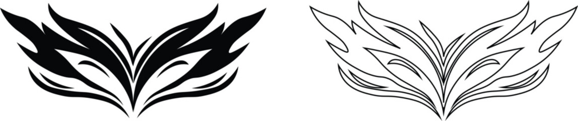 Tribal tattoo icons set. Silhouette flat and line black vector isolated on transparent background Neo tribal y2k aesthetic tattoo gothic cover, fire or wings abstract element collection. Divider body.
