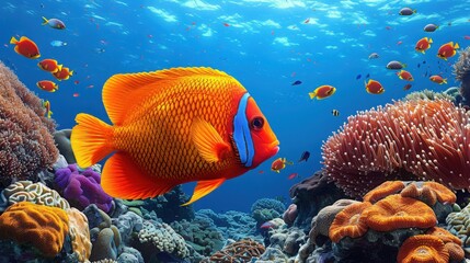 Obraz premium A vibrant Garibaldi fish (Hypsypops rubicundus) with bright orange scales and blue facial markings swims gracefully in a coral reef setting.