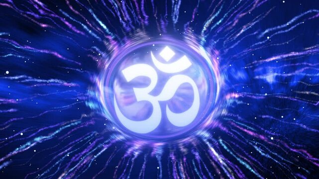 the aum symbol glows brightly with radial particle effects