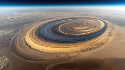 Fototapeta premium An aerial view of the Richat Structure, also known as the Eye of the Sahara, a geological formation in Mauritania, Africa.