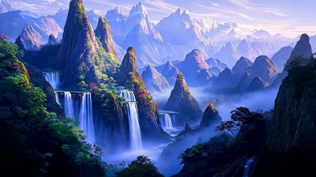 elegance otherworldly paradise landscape, mountains , waterfall flowing to below with gradient shimmering light 