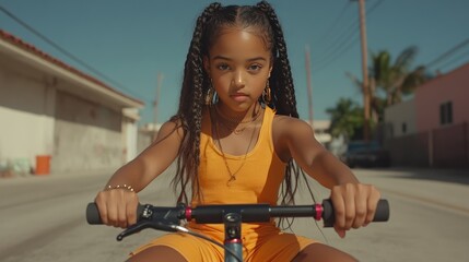 Sporty Black Woman Riding Electric Scooter on City Street