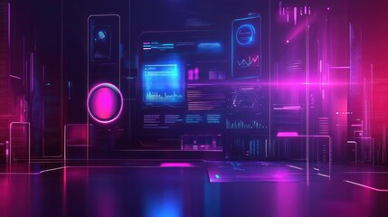 Futuristic digital interface with vibrant colors and data visualization elements.
